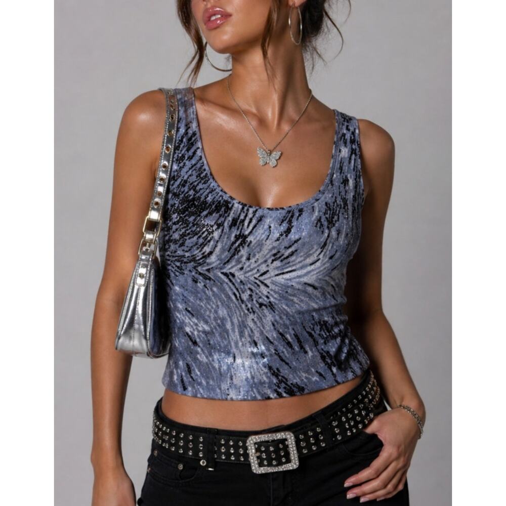 Alex Evenings Sequin Tank Top Large Petite Blue Y2K Glam Indie Sleaze Retro